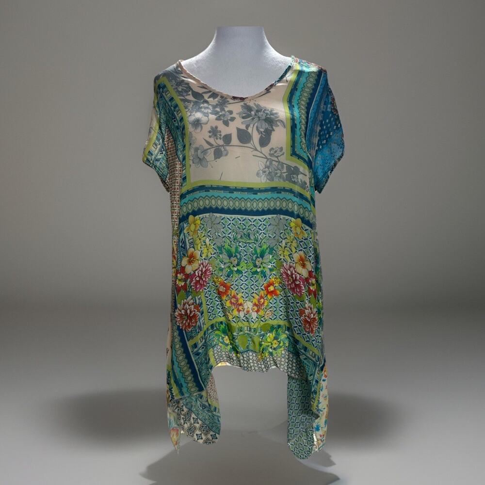 Johnny Was Floral Patchwork Short Sleeve Tunic in Teal, Yellow, Green